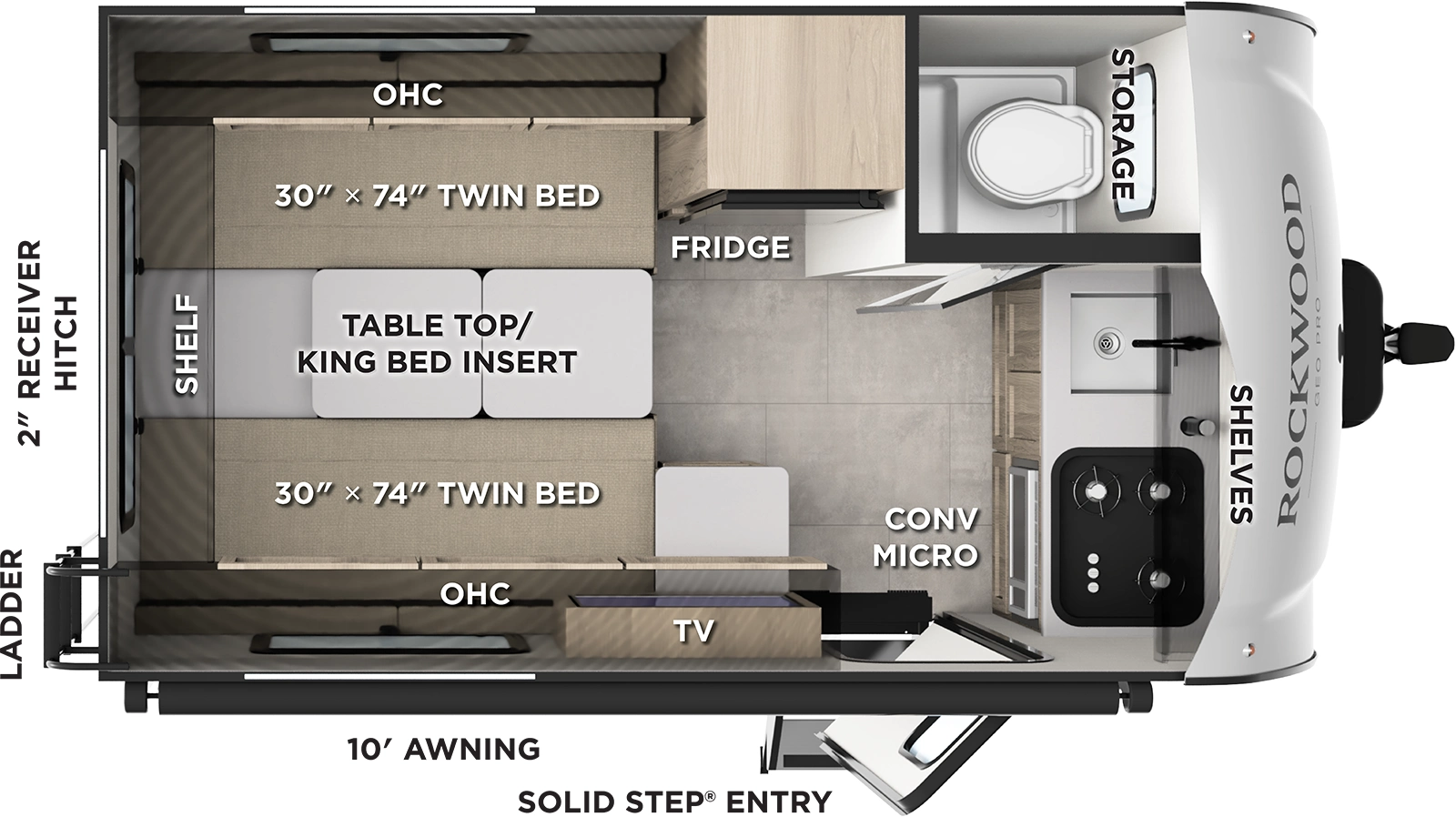 The Rockwood Geo Pro G15TB floorplan has one entry and zero slide outs. Exterior features include: fiberglass exterior and 10' awning. Interiors features include: front kitchen.